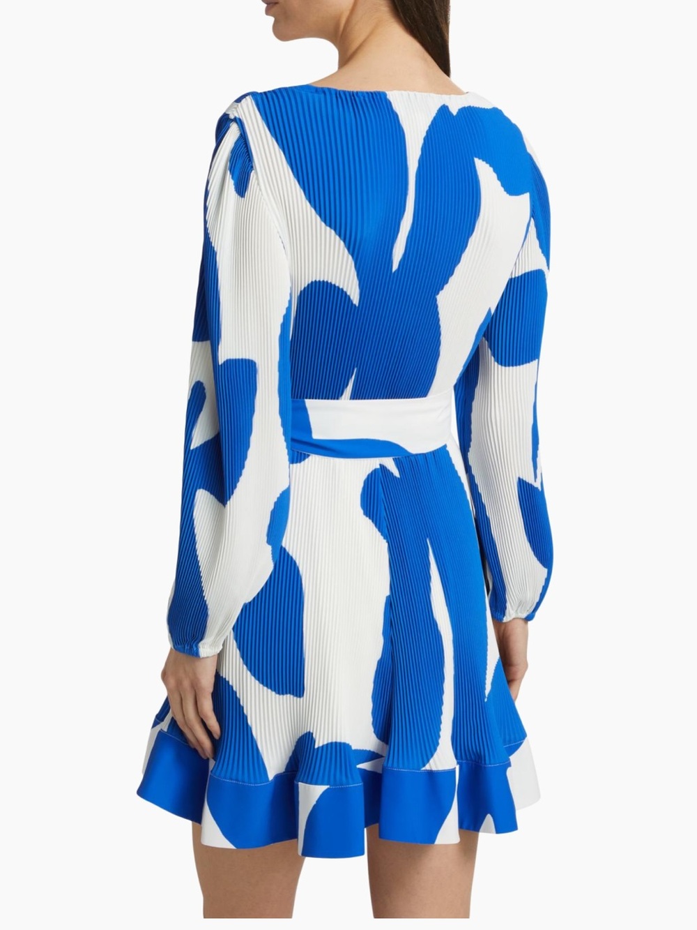 Milly Blue and White Pleated Wrap-Front Long Sleeve Dress - Picture 2 of 6